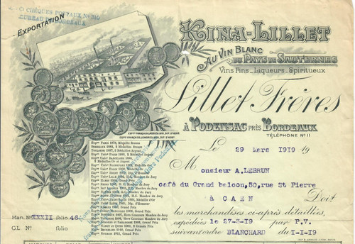 Facture 1919 kina lillet - kina,